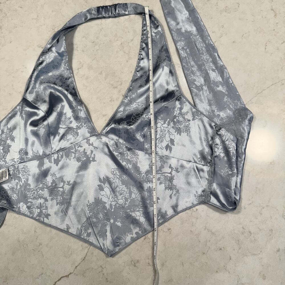 Windsor Satin Jacquard Halter Top Gray Silver Women's Large Tie Y2K Party Baddie - Picture 6 of 16
